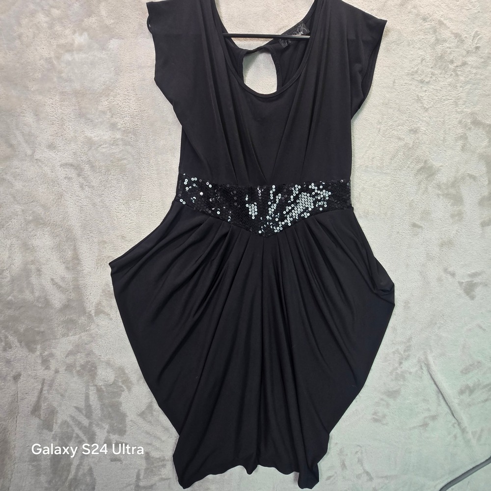 Hypnotik by B Darlin Black Draped Tulip Hem Sequin Waist Keyhole Back Dress L